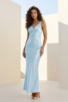 Aureth | Sky Blue - V Neck Sheath Satin Open Back Long Prom Dresses - KissProm
