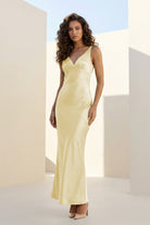 Aureth | Yellow - V Neck Sheath Satin Open Back Long Prom Dresses - KissProm