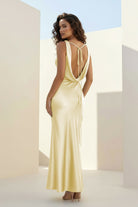 Aureth | Yellow - V Neck Sheath Satin Open Back Long Prom Dresses - KissProm
