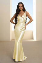Aureth | Yellow - V Neck Sheath Satin Open Back Long Prom Dresses - KissProm
