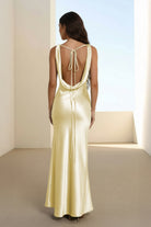 Aureth | Yellow - V Neck Sheath Satin Open Back Long Prom Dresses - KissProm