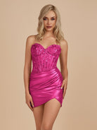 Auri | Fuchsia - Bodycon Sweetheart Corset Metallic Homecoming Dress with Lace Appliques