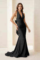 Aurithe | Pink - Halter Mermaid Satin Open Back Formal Prom Dresses With Bow - KissProm