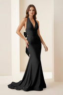 Aurithe | Pink - Halter Mermaid Satin Open Back Formal Prom Dresses With Bow - KissProm