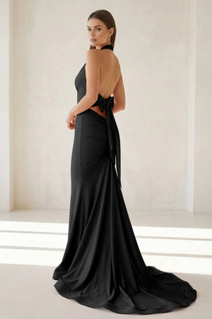Aurithe | Pink - Halter Mermaid Satin Open Back Formal Prom Dresses With Bow - KissProm