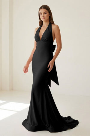 Aurithe | Pink - Halter Mermaid Satin Open Back Formal Prom Dresses With Bow - KissProm