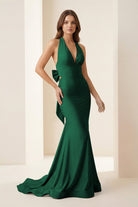 Aurithe | Pink - Halter Mermaid Satin Open Back Formal Prom Dresses With Bow - KissProm