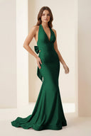 Aurithe | Pink - Halter Mermaid Satin Open Back Formal Prom Dresses With Bow - KissProm