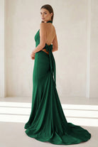 Aurithe | Pink - Halter Mermaid Satin Open Back Formal Prom Dresses With Bow - KissProm