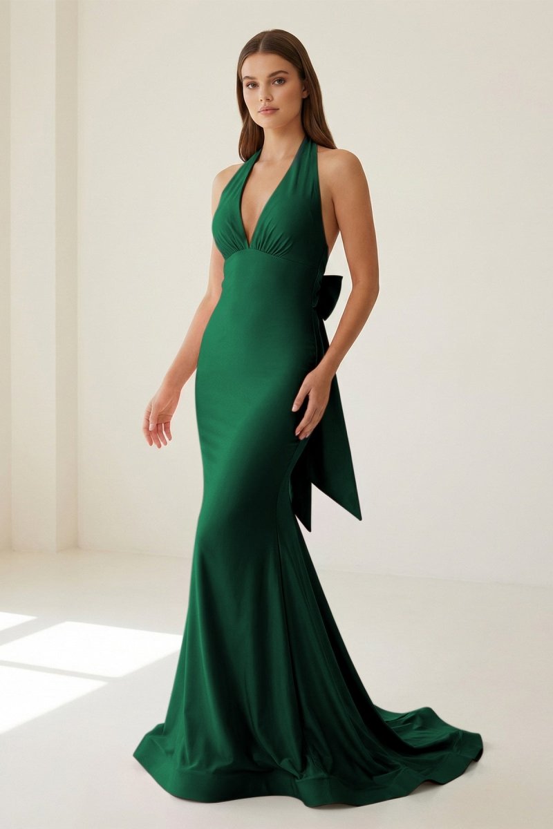 Aurithe | Pink - Halter Mermaid Satin Open Back Formal Prom Dresses With Bow - KissProm