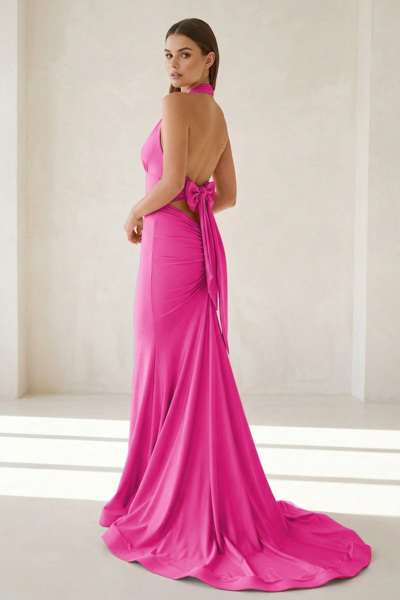 Aurithe | Pink - Halter Mermaid Satin Open Back Formal Prom Dresses With Bow - KissProm