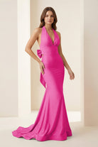 Aurithe | Pink - Halter Mermaid Satin Open Back Formal Prom Dresses With Bow - KissProm