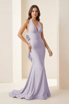 Aurithe | Pink - Halter Mermaid Satin Open Back Formal Prom Dresses With Bow - KissProm