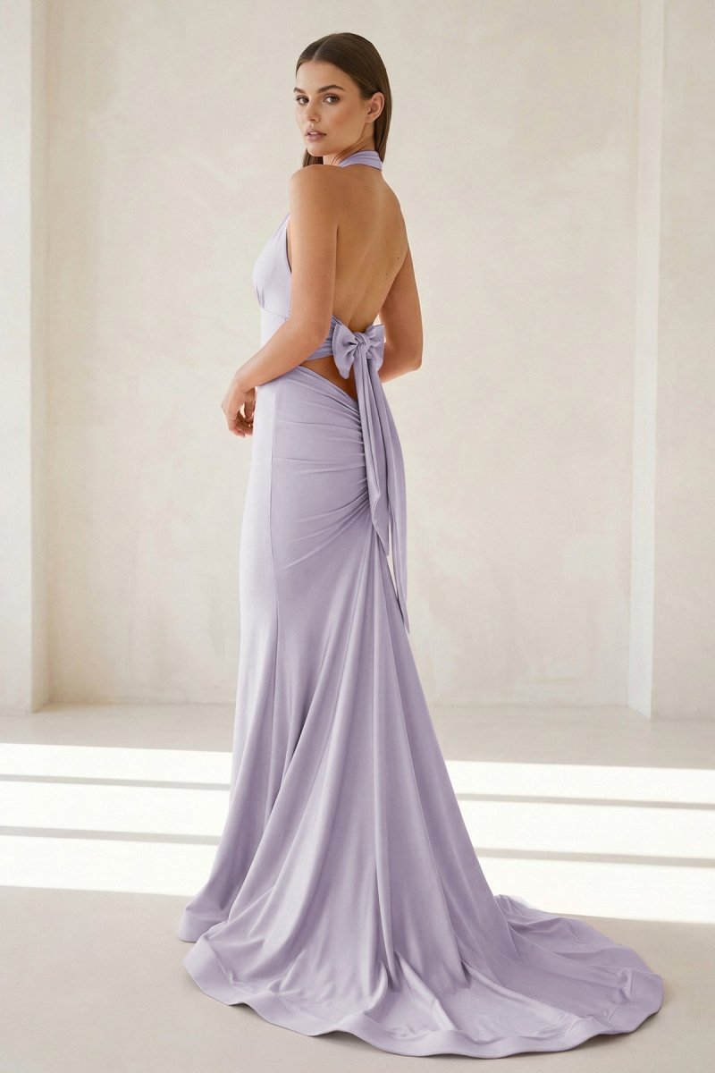 Aurithe | Pink - Halter Mermaid Satin Open Back Formal Prom Dresses With Bow - KissProm