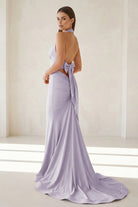Aurithe | Pink - Halter Mermaid Satin Open Back Formal Prom Dresses With Bow - KissProm