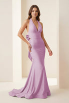 Aurithe | Pink - Halter Mermaid Satin Open Back Formal Prom Dresses With Bow - KissProm