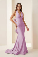 Aurithe | Pink - Halter Mermaid Satin Open Back Formal Prom Dresses With Bow - KissProm