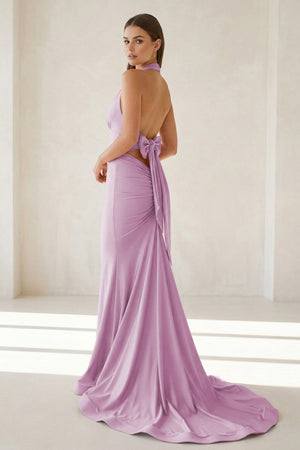 Aurithe | Pink - Halter Mermaid Satin Open Back Formal Prom Dresses With Bow - KissProm