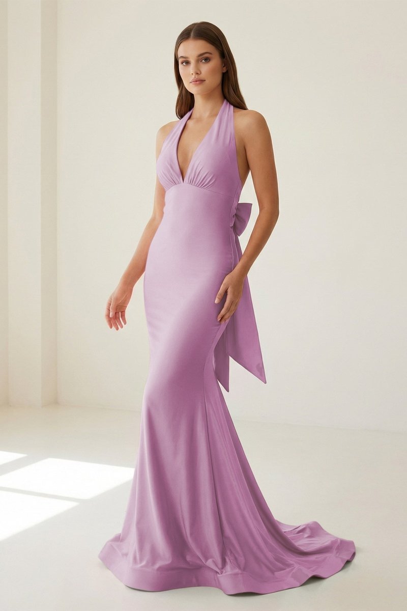 Aurithe | Pink - Halter Mermaid Satin Open Back Formal Prom Dresses With Bow - KissProm