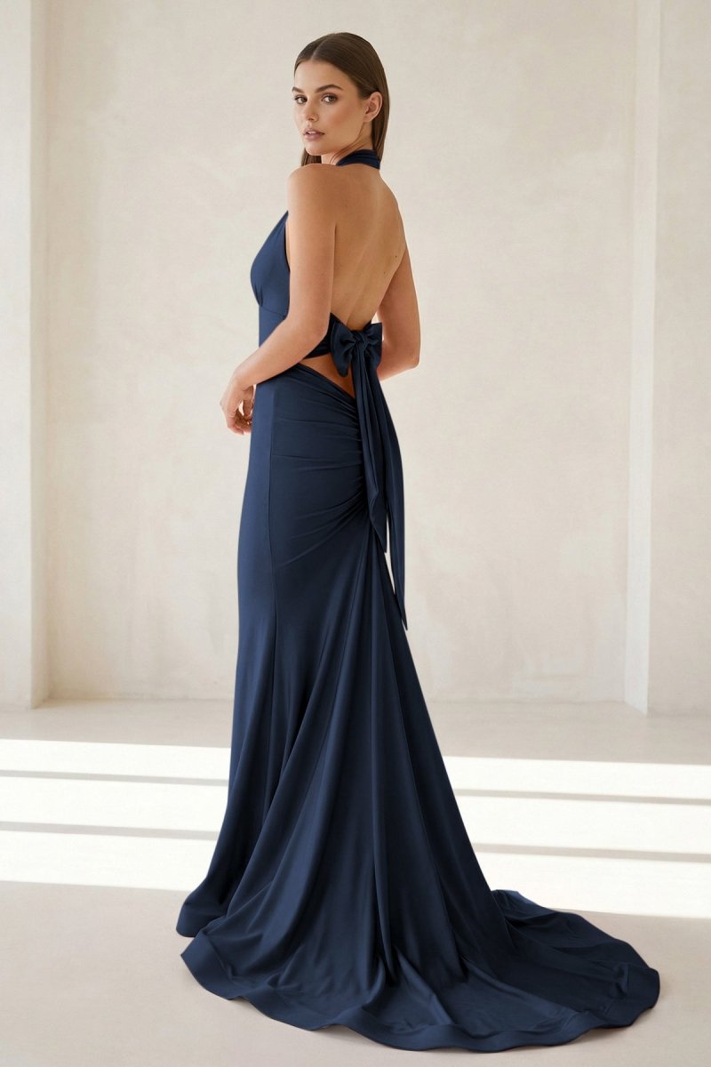 Aurithe | Pink - Halter Mermaid Satin Open Back Formal Prom Dresses With Bow - KissProm