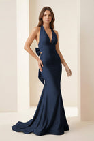 Aurithe | Pink - Halter Mermaid Satin Open Back Formal Prom Dresses With Bow - KissProm