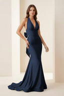 Aurithe | Pink - Halter Mermaid Satin Open Back Formal Prom Dresses With Bow - KissProm
