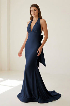 Aurithe | Pink - Halter Mermaid Satin Open Back Formal Prom Dresses With Bow - KissProm