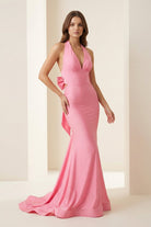 Aurithe | Pink - Halter Mermaid Satin Open Back Formal Prom Dresses With Bow - KissProm