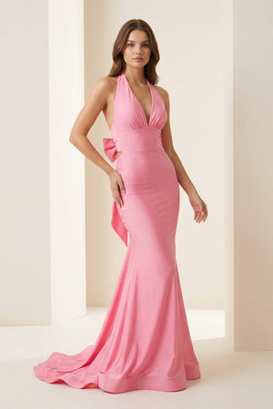 Aurithe | Pink - Halter Mermaid Satin Open Back Formal Prom Dresses With Bow - KissProm
