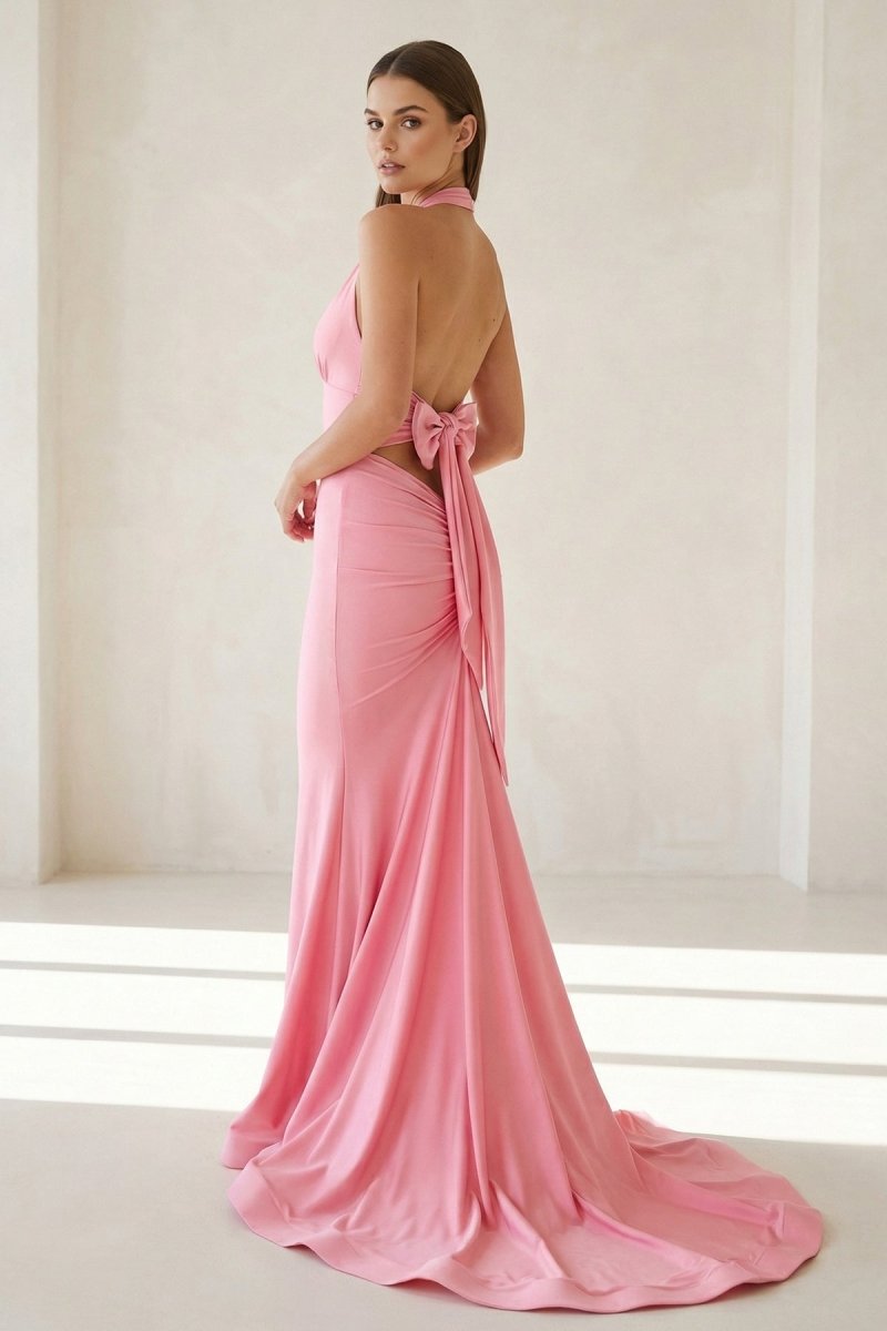 Aurithe | Pink - Halter Mermaid Satin Open Back Formal Prom Dresses With Bow - KissProm