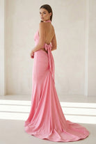 Aurithe | Pink - Halter Mermaid Satin Open Back Formal Prom Dresses With Bow - KissProm
