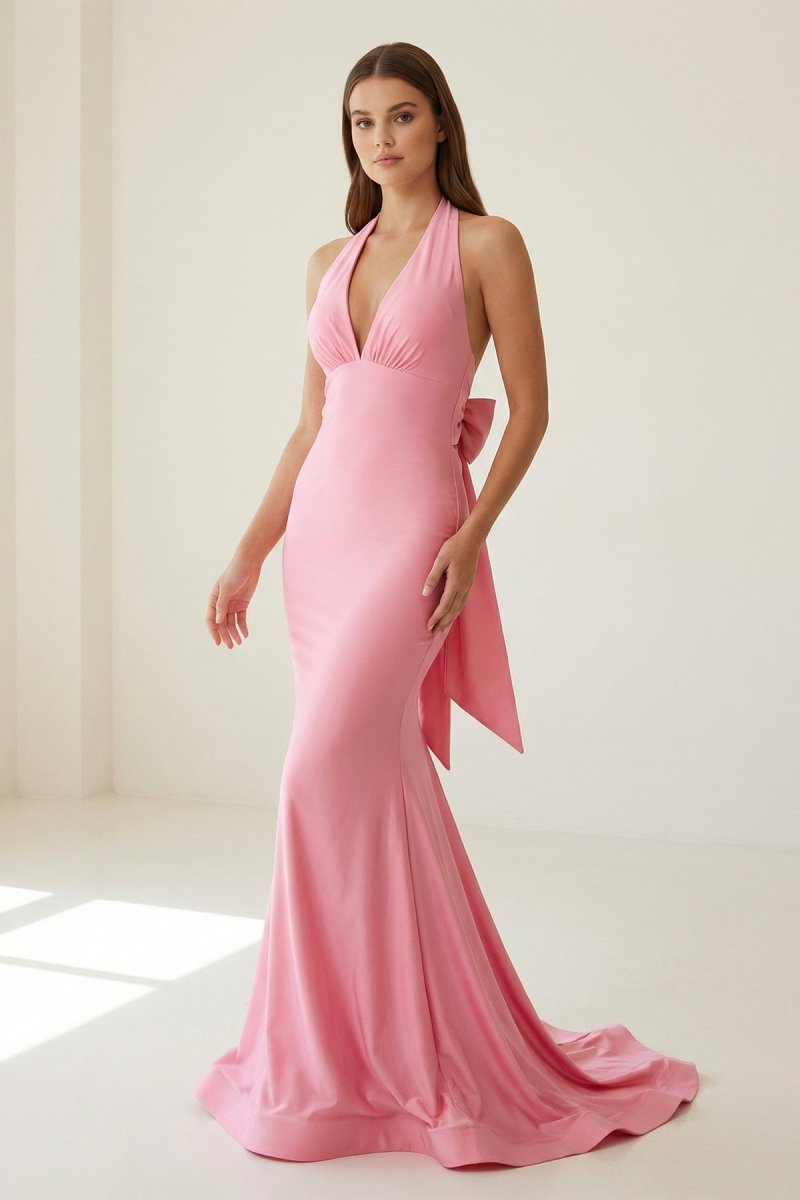 Aurithe | Pink - Halter Mermaid Satin Open Back Formal Prom Dresses With Bow - KissProm