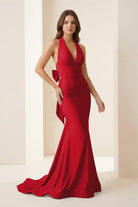 Aurithe | Pink - Halter Mermaid Satin Open Back Formal Prom Dresses With Bow - KissProm
