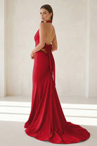 Aurithe | Pink - Halter Mermaid Satin Open Back Formal Prom Dresses With Bow - KissProm