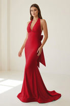 Aurithe | Pink - Halter Mermaid Satin Open Back Formal Prom Dresses With Bow - KissProm