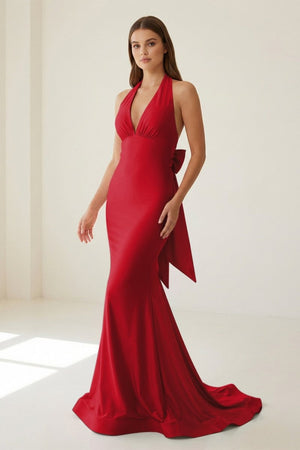 Aurithe | Pink - Halter Mermaid Satin Open Back Formal Prom Dresses With Bow - KissProm
