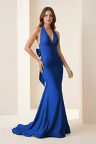 Aurithe | Pink - Halter Mermaid Satin Open Back Formal Prom Dresses With Bow - KissProm