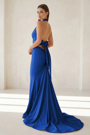 Aurithe | Pink - Halter Mermaid Satin Open Back Formal Prom Dresses With Bow - KissProm