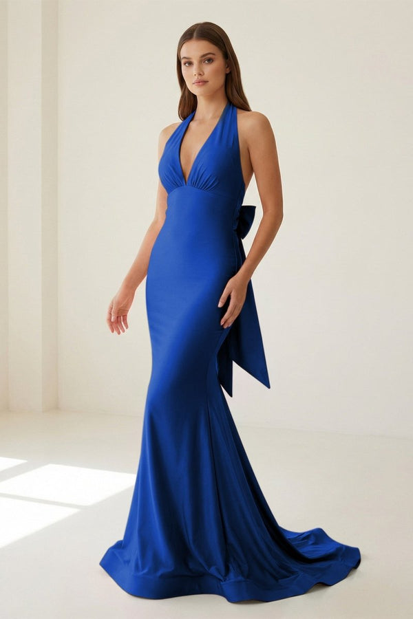 Aurithe | Pink - Halter Mermaid Satin Open Back Formal Prom Dresses With Bow - KissProm