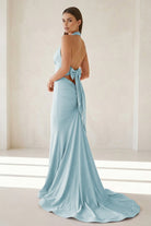Aurithe | Pink - Halter Mermaid Satin Open Back Formal Prom Dresses With Bow - KissProm