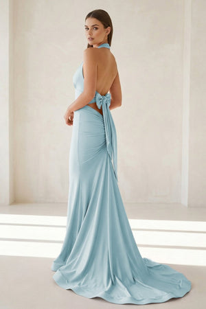 Aurithe | Pink - Halter Mermaid Satin Open Back Formal Prom Dresses With Bow - KissProm