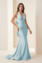 Aurithe | Pink - Halter Mermaid Satin Open Back Formal Prom Dresses With Bow - KissProm