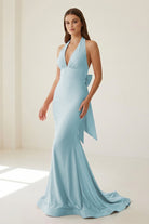 Aurithe | Pink - Halter Mermaid Satin Open Back Formal Prom Dresses With Bow - KissProm