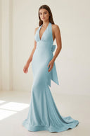 Aurithe | Pink - Halter Mermaid Satin Open Back Formal Prom Dresses With Bow - KissProm