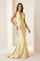 Aurithe | Pink - Halter Mermaid Satin Open Back Formal Prom Dresses With Bow - KissProm
