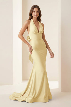 Aurithe | Pink - Halter Mermaid Satin Open Back Formal Prom Dresses With Bow - KissProm
