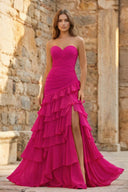 Ruched Ruffle Fitted Yellow Long Prom Dress with Slit - KissProm