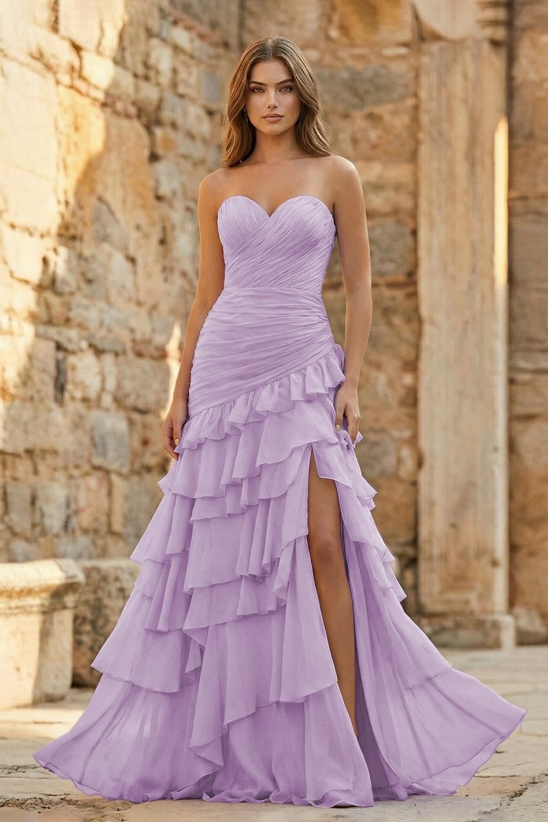 Ruched Ruffle Fitted Yellow Long Prom Dress with Slit, Lavender / 8