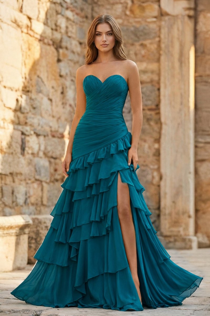 Ruched Ruffle Fitted Yellow Long Prom Dress with Slit, Peacock / Custom Size