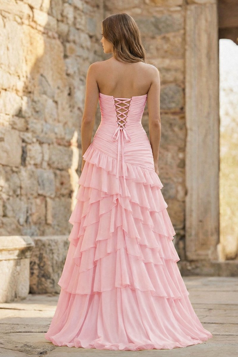 Ruched Ruffle Fitted Yellow Long Prom Dress with Slit, Pink / 00